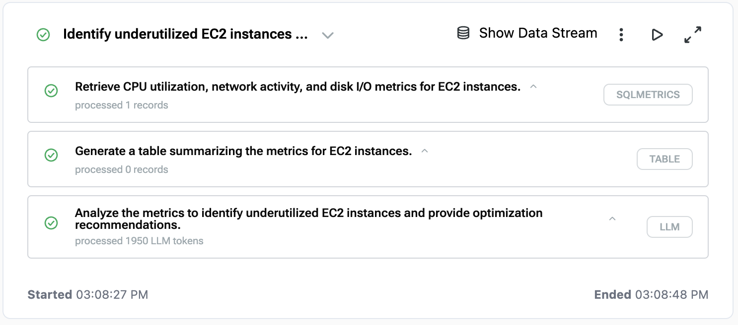 Execution plan UI showing step-by-step breakdown