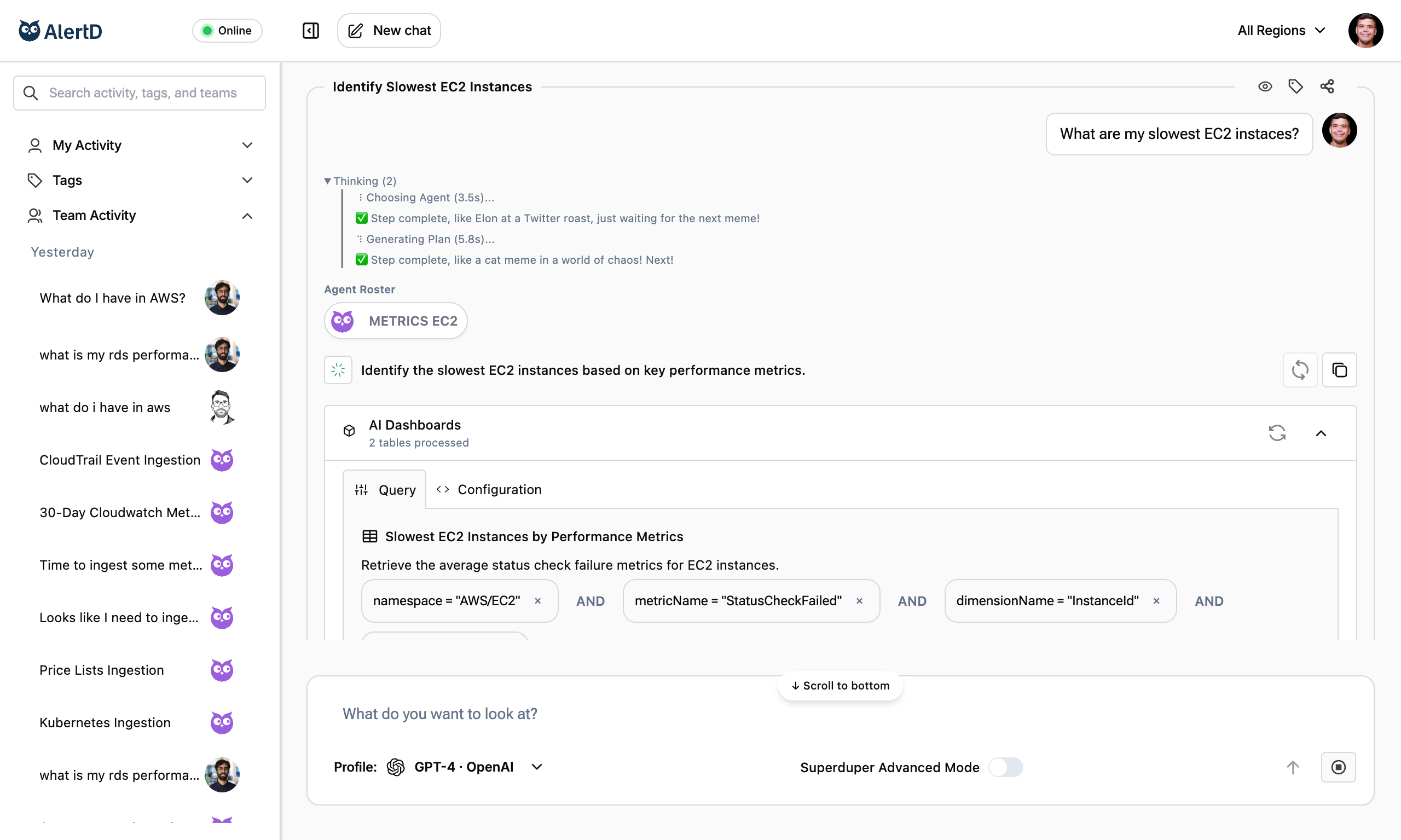 AlertD sidebar showing My Activity, Tags, and Team Activity sections